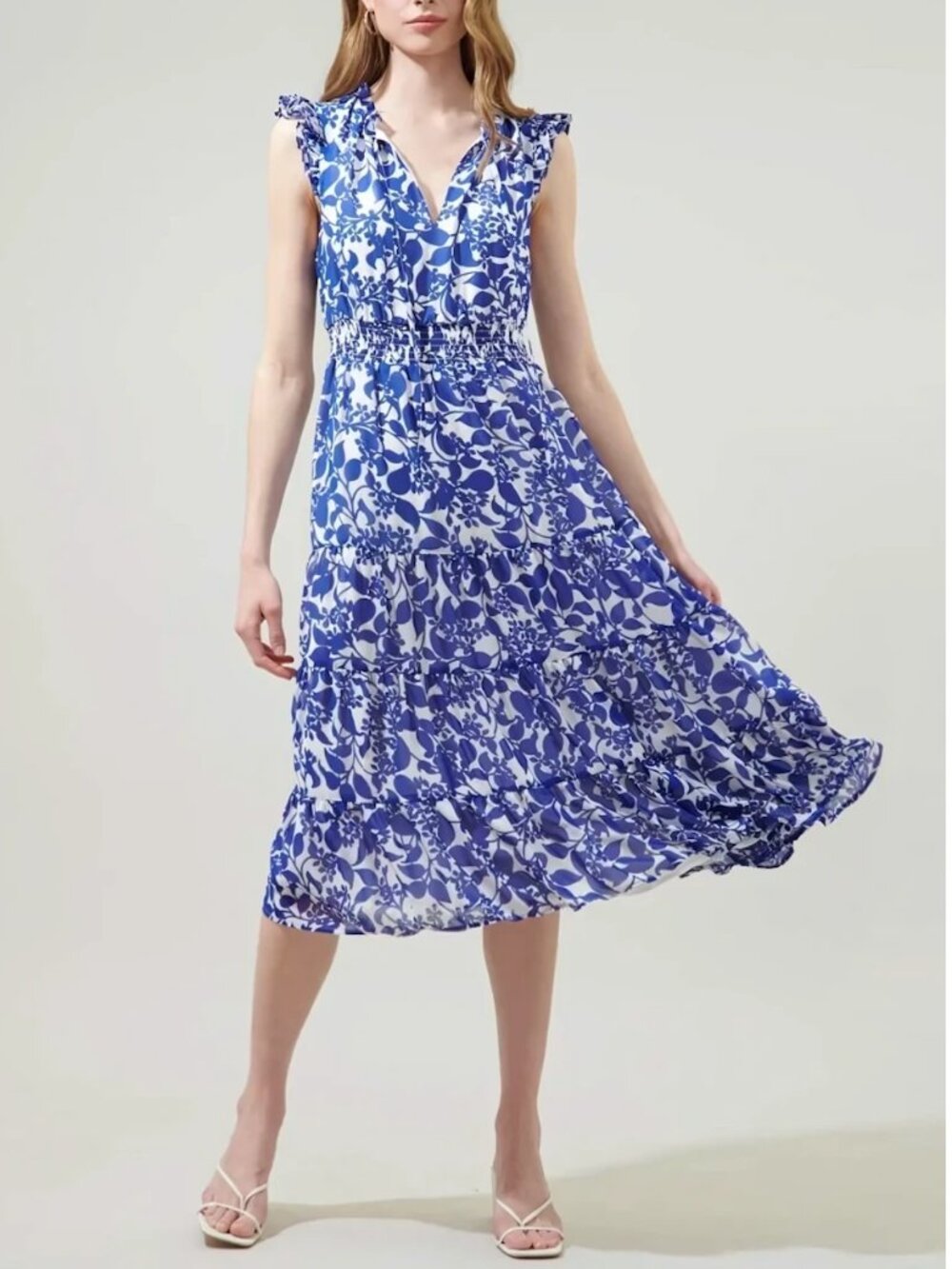 Sugarlips Kian Floral Pisces Smocked Midi Dress - White/Blue